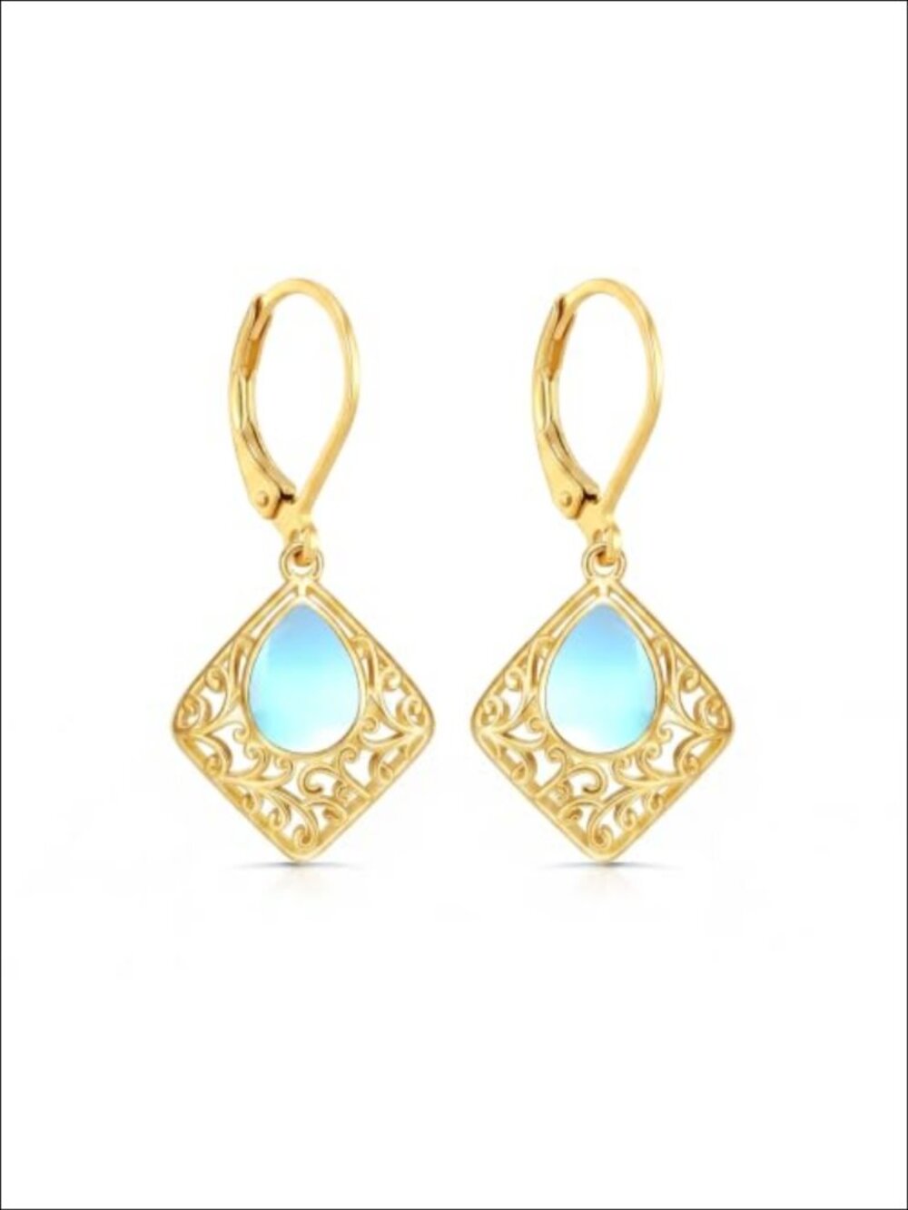 14k Gold Plated Filigree Dangle Earrings Moonstone Leverback Women Jewelry Gift